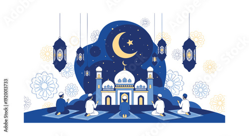 Islamic mosque at night with praying people and lanterns