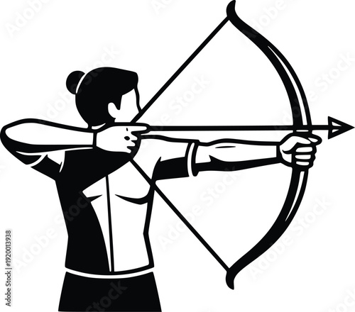 Archery Athlete Vector Illustration: Focused Woman Aiming Bow and Arrow, Dynamic Black and White Graphic for Sports, Competition, and Fitness Themes. Isolated on White Background.