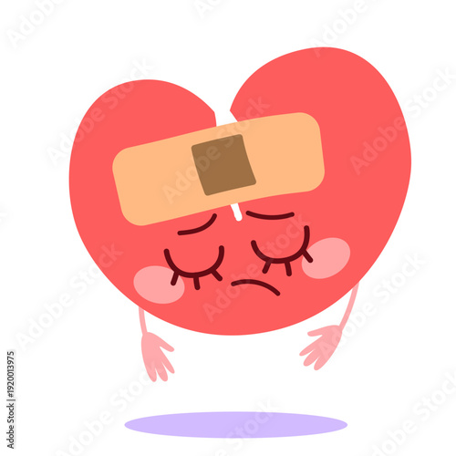 Expressive sad heart character with large plaster patch representing emotional distress and psychological healing journey. Clip art for counseling materials and mental wellness education project