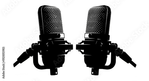 Two professional studio microphones with pop filters and stands positioned facing forward on a white background