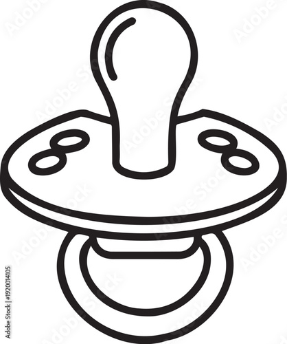 Simple black and white illustration of a baby pacifier with a clean design on a white background