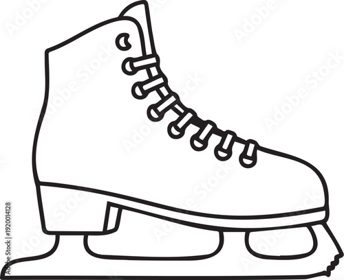 Simple black and white illustration of an ice skate with laces and blades