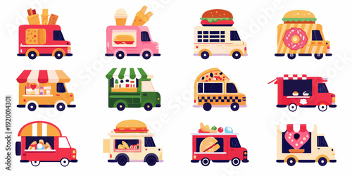 Colorful food trucks offering various snacks and meals in a flat design