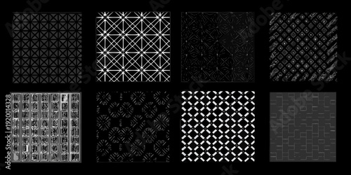 A collage of eight black and white abstract patterned images