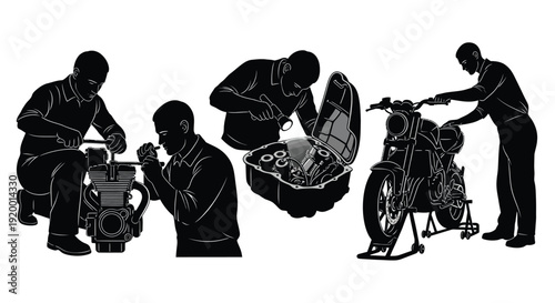 Motorcycle repair mechanic silhouettes set