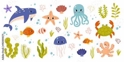 Colorful cartoon illustration of various happy sea creatures and plants