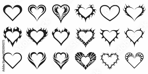 Collection of diverse black heart shapes and designs on a white background