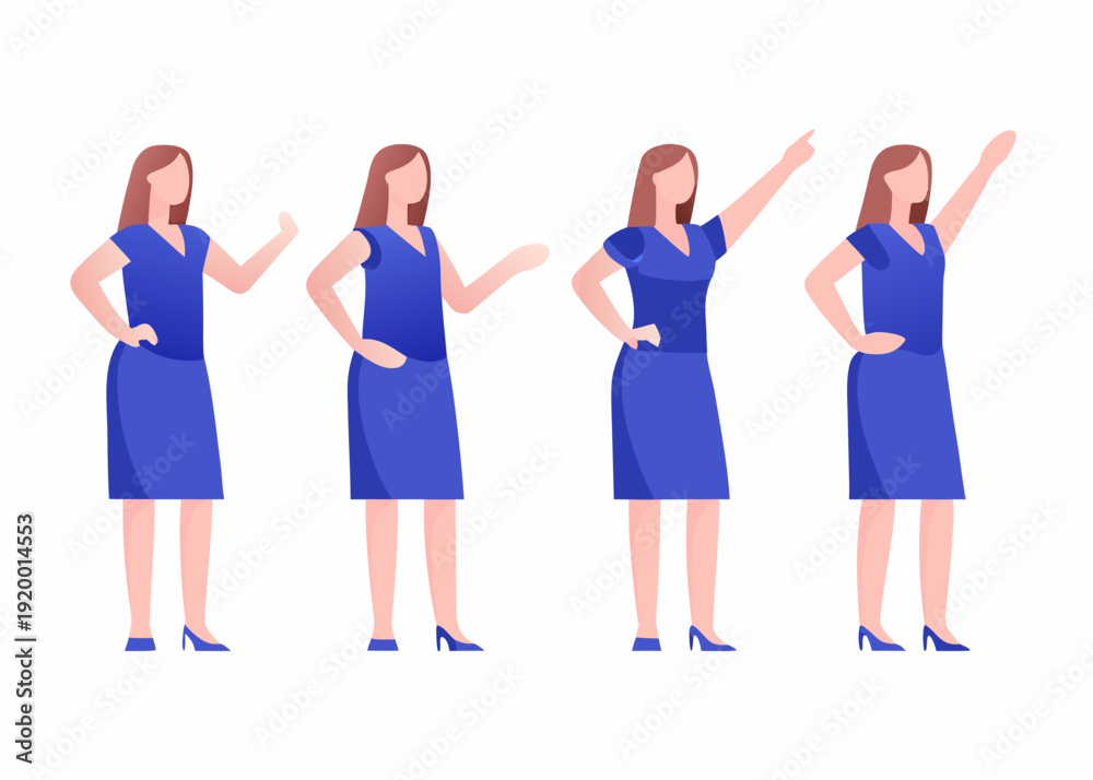 Obraz premium Four women in blue dresses demonstrate different arm poses and gestures