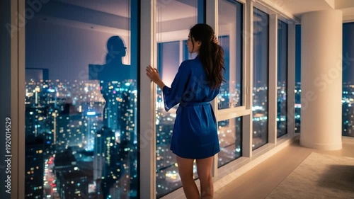 Woman looking out at city skyline from modern apartment at night  