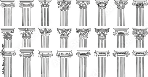 Classic Ancient Greek and Roman Column Capitals Vector Set with Ionic, Doric, and Corinthian Architectural Pillar Illustrations in Vintage Engraving Style