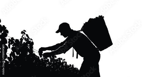 Farmer harvesting crops with backpack sprayer silhouette