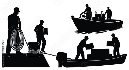 Fishing and boat work silhouettes collection