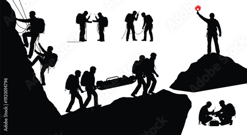 Rescue and support teamwork silhouettes on cliff