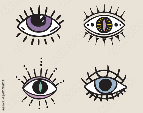 Esoteric all seeing eyes set, mystical patterned eyes, boho mystical witchy hand drawn style
