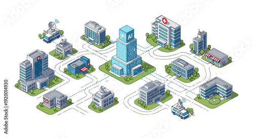 Isometric cityscape with modern buildings and infrastructure.