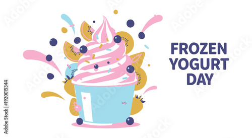 Frozen yogurt day celebration with swirl cup and fruit bits