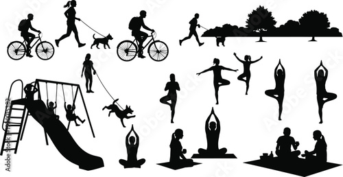 Diverse Silhouettes Engage in Recreation and Yoga Outdoors