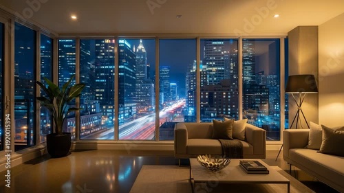 Modern living room with city skyline view at night  