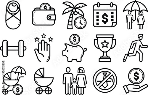 Finance icons, family lifestyle graphics, savings piggy bank, childcare expenses, fitness health, insurance protection, vacation leisure, donation support, achievement success, planning
