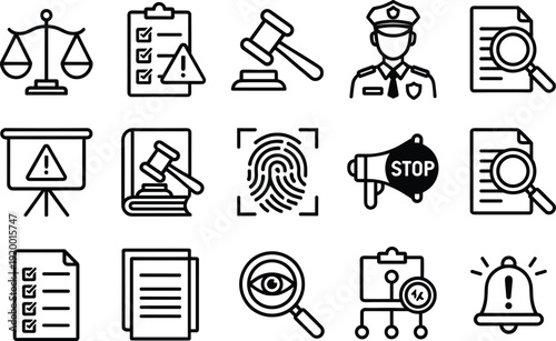 Legal compliance and law enforcement line icons set featuring justice scales, police, documents, alerts, fingerprint, investigation symbols for security design