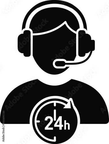 Customer support agent with headset and twenty four hour service symbol for call center assistance cad drawing flat vector illustration