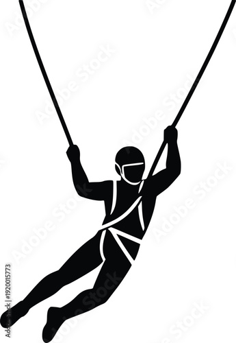 Silhouette of a person in a harness suspended by two ropes, symbolizing extreme sports, adventure, and freedom. Modern vector illustration for dynamic concepts.