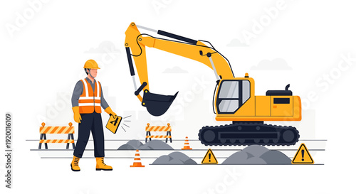Construction worker and excavator at a building site.