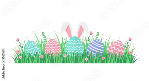 Colorful Easter Eggs and Bunny in Grass.