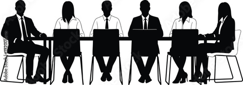Professional business team silhouette sitting at conference table with laptops for office meeting cad drawing flat vector illustration corporate group