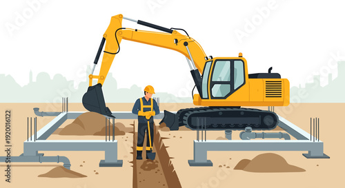 Construction worker and excavator at building site.