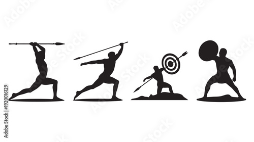 Vector Illustration Of Black Silhouettes Of Ancient Warriors Throwing Spears And Holding Shields For Military And Sports Concepts