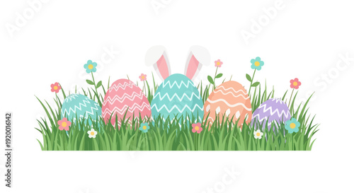 Colorful Easter Eggs Hidden in Grass.