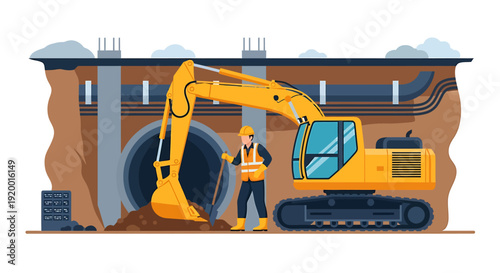 Construction worker and excavator at underground tunnel site.