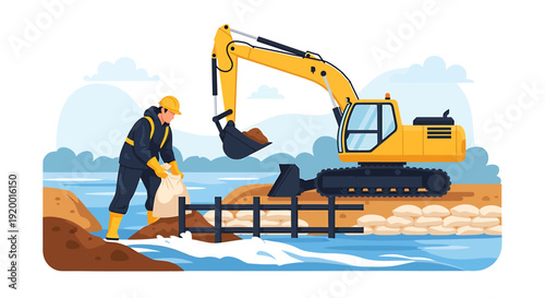 Construction worker and excavator building flood defenses with sandbags.