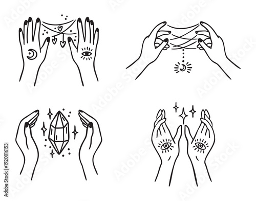 Witch hands set holding threads, crystals and sparkles, lunar and eye marks, monochrome line art hand drawn style