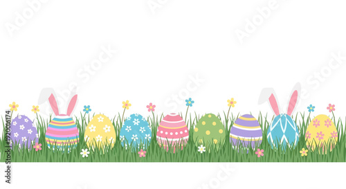 Colorful Easter Eggs with Bunny Ears in Grass.