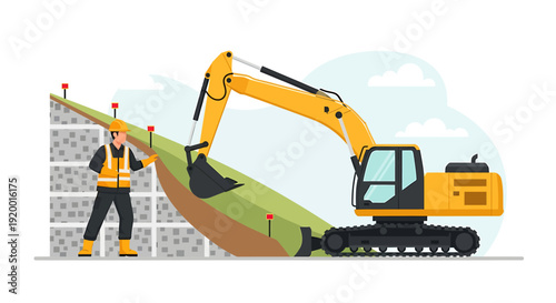 Construction worker and excavator on a building site.
