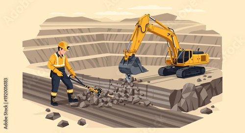 Construction worker and excavator in a quarry.