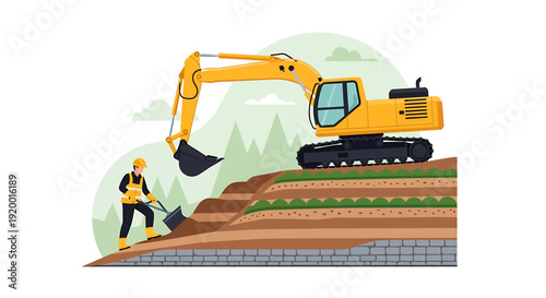 Construction worker and excavator on a layered earth site.