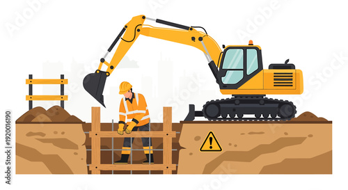 Construction worker and excavator working in trench.