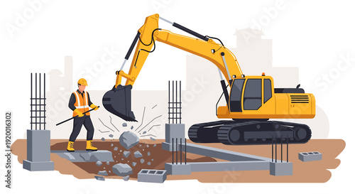 Construction worker operating excavator at building site with concrete pillars.