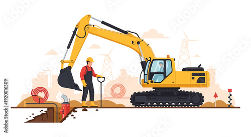 Construction worker operating excavator at building site.
