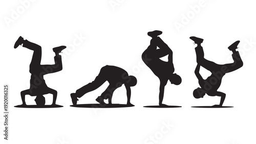 Vector Illustration Of Four Gymnasts In Different Yoga Poses On White Background For Fitness And Wellness Concept