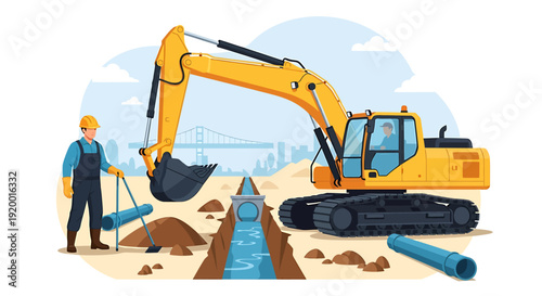 Construction worker operating excavator digging trench for pipeline installation.