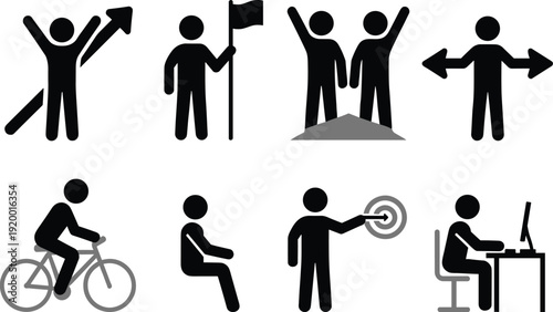 Success icons, achievement graphics, teamwork victory, decision making, goal setting, productivity work, study learning, physical activity, transportation, growth motivation