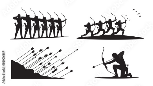 Vector Illustration Of Archers Silhouettes In Various Shooting Positions For Sports And Competition Concepts