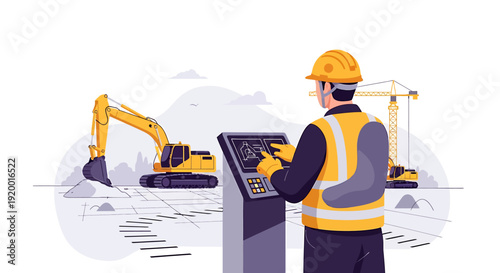 Construction worker operating heavy machinery control panel.