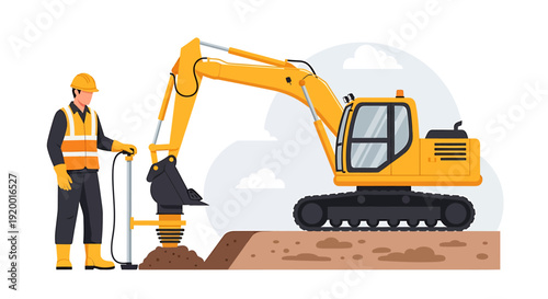 Construction worker operating heavy machinery for excavation and soil compaction.