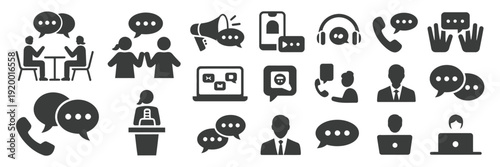 Vector conversation silhouette icon set featuring communication, dialogue and speech interaction symbols, editable black profile graphics for social media, messaging apps and business discussion conce