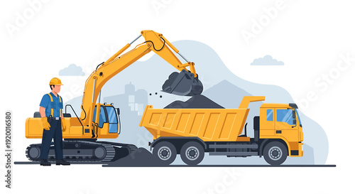 Construction worker overseeing excavator loading coal into dump truck.